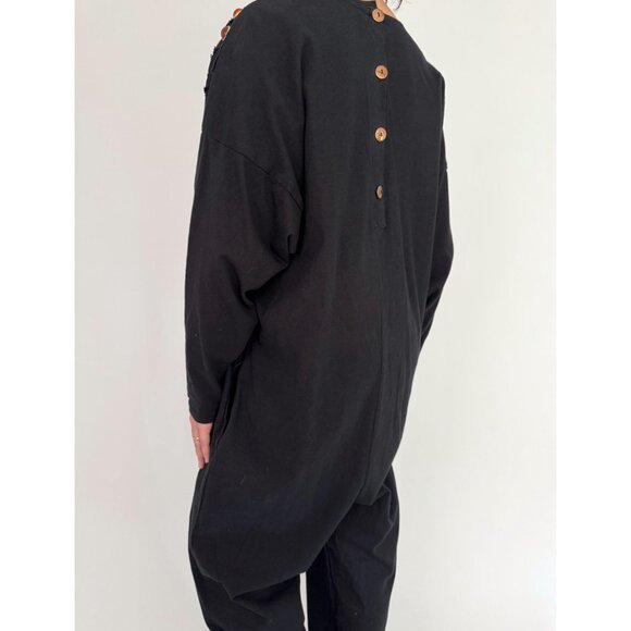 80s black embellished funky crazy one piece long sleeved cotton pant jumpsuit - Picture 5 of 9